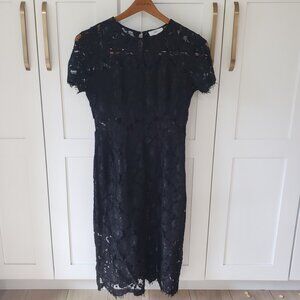 NSR Black Lace Midi Dress Womens M Short Sleeve Sheer Overlay Elegant Cocktail
